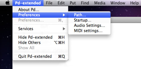 Selecting the Paths menu in PD